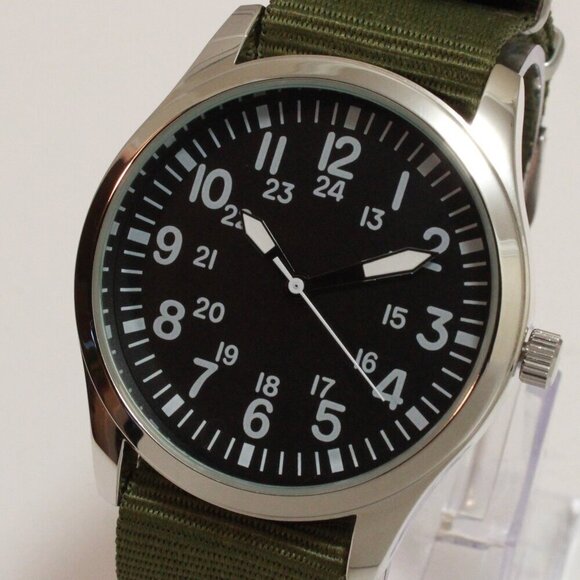 Men's Quartz Field Watch Silver Tone Case Green Military Strap 42mm - Picture 10 of 11